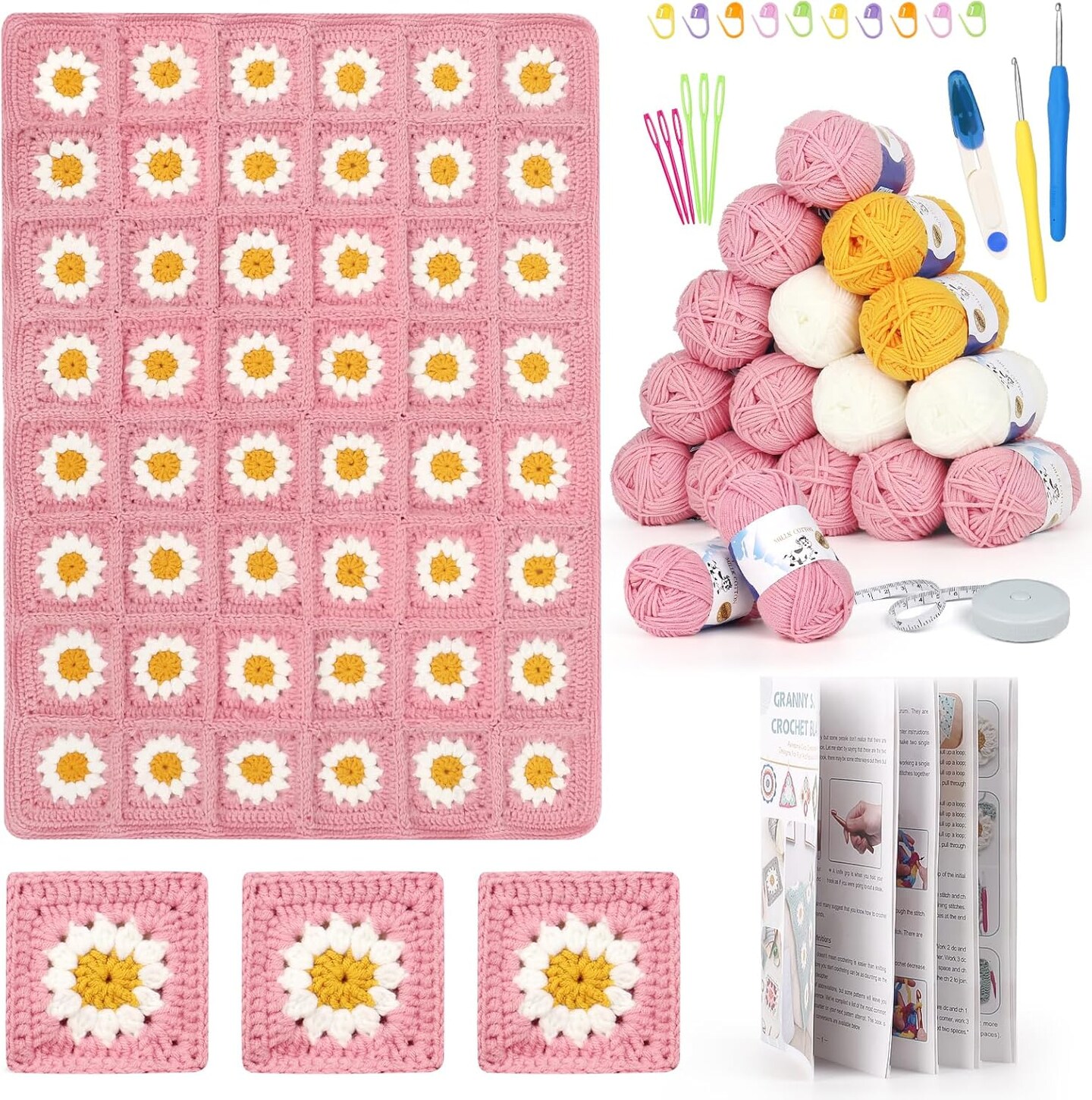 Granny Square Crochet Blanket Kit - Pink
