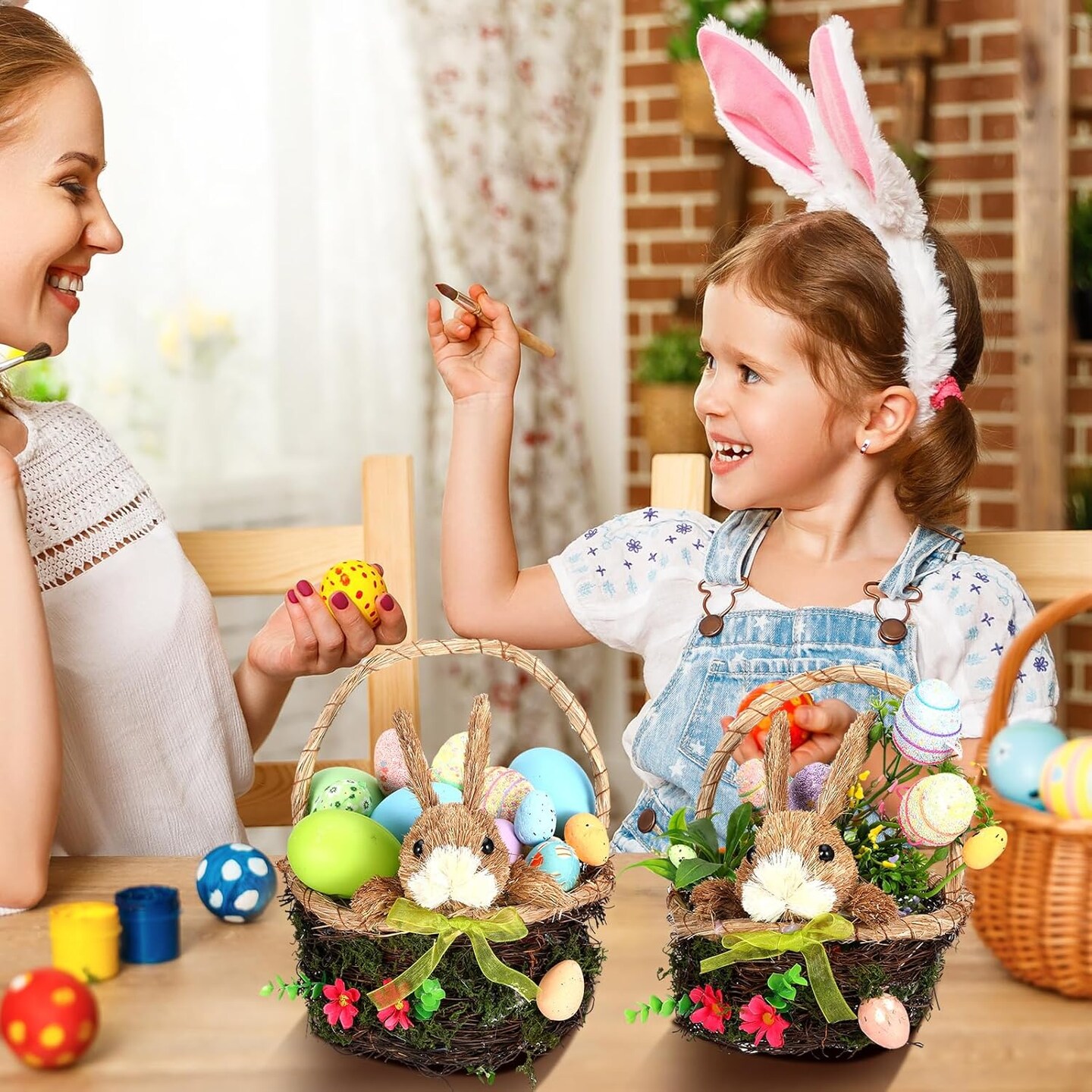 2 Pack Easter Basket Woven Easter Bunny Basket with Handle Wicker Easter Gift Basket Rabbit Eggs Candy Basket