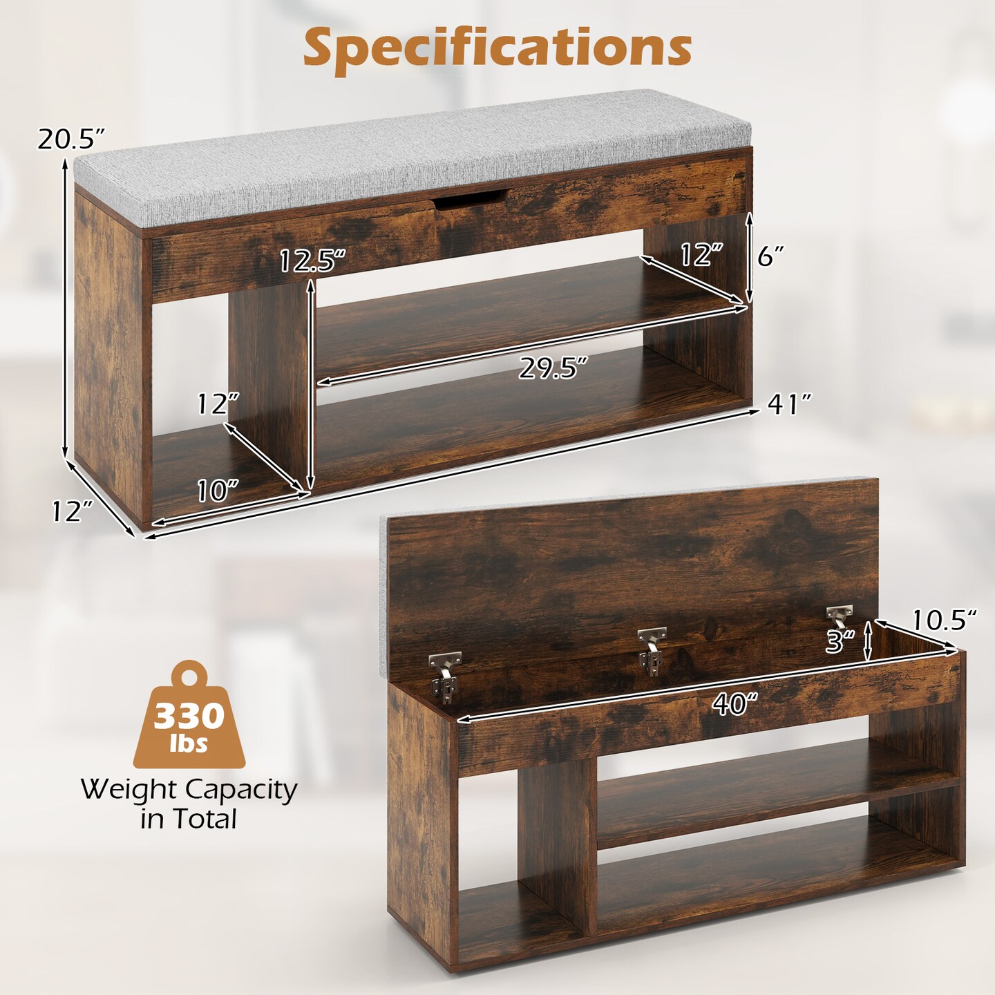 Shoe Bench with Hidden Compartment and 3 Shelves for Storage and Seating