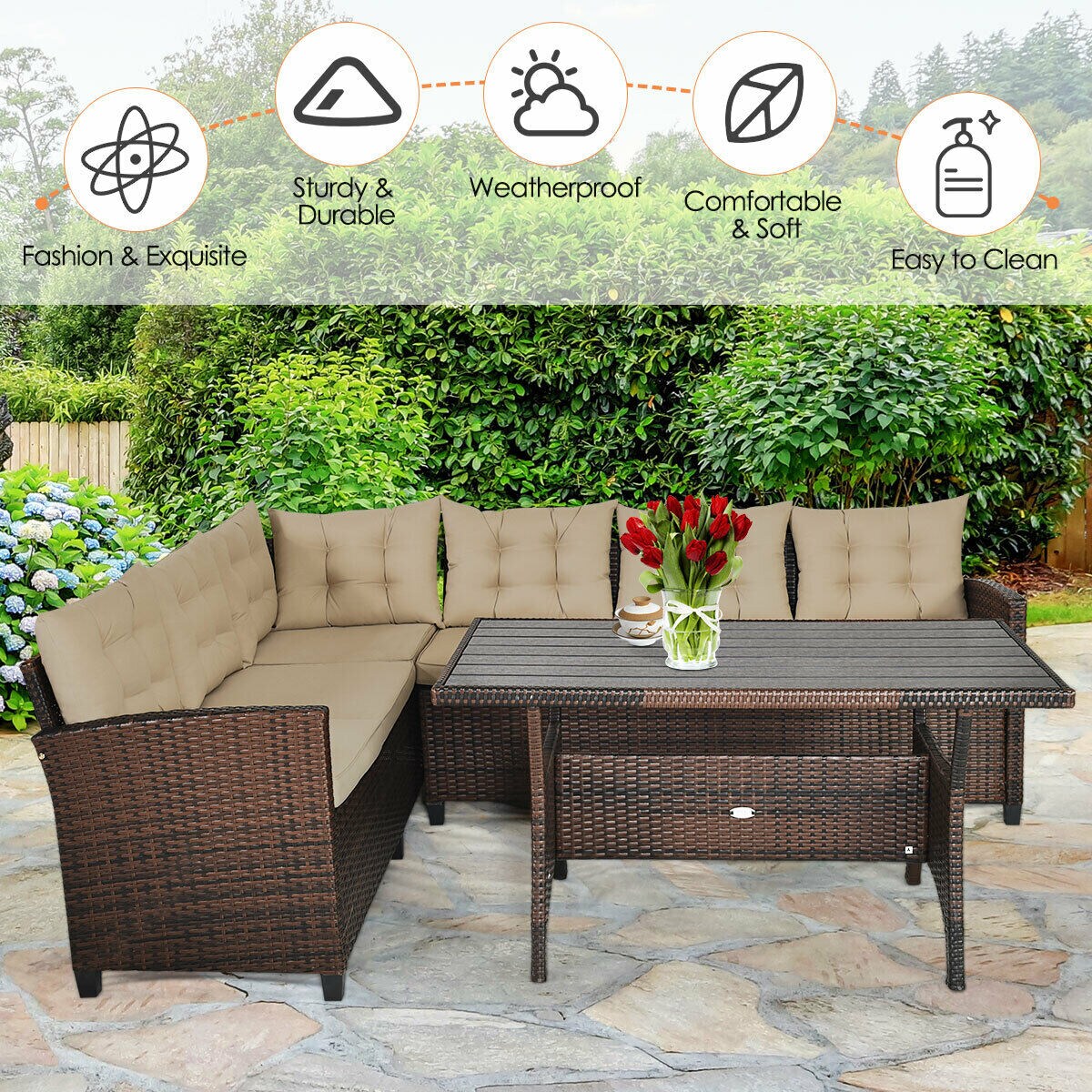 3 Pcs 6 Seats Rattan Dining Set Patio Furniture Sofa with Cushions