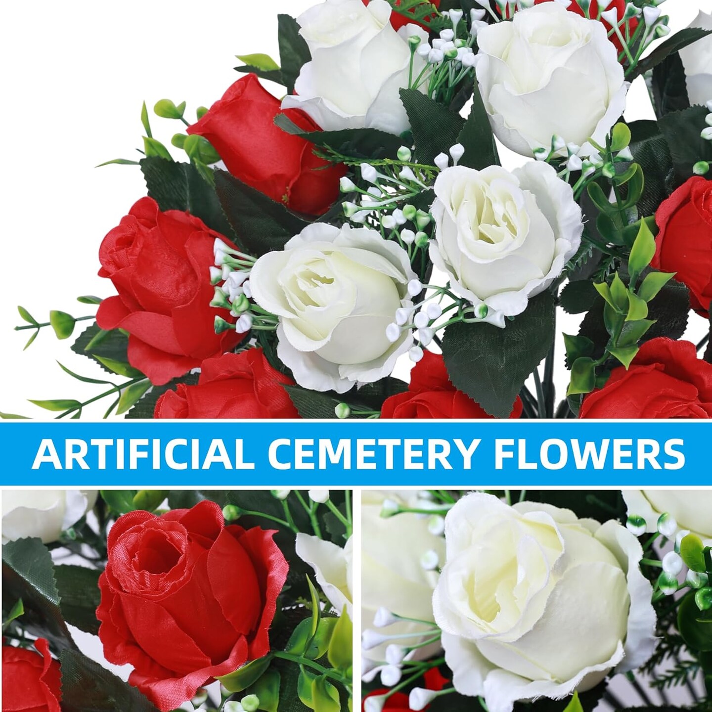 Set of 2 Artificial Cemetery Flowers with Vase,Grave Memorial Flowers,Artificial Rose Bouquet Decoration for Cemetery Headstones Gravesites (Red & White, 2 Bouquets) 5"D x 9"W x 15.8"H