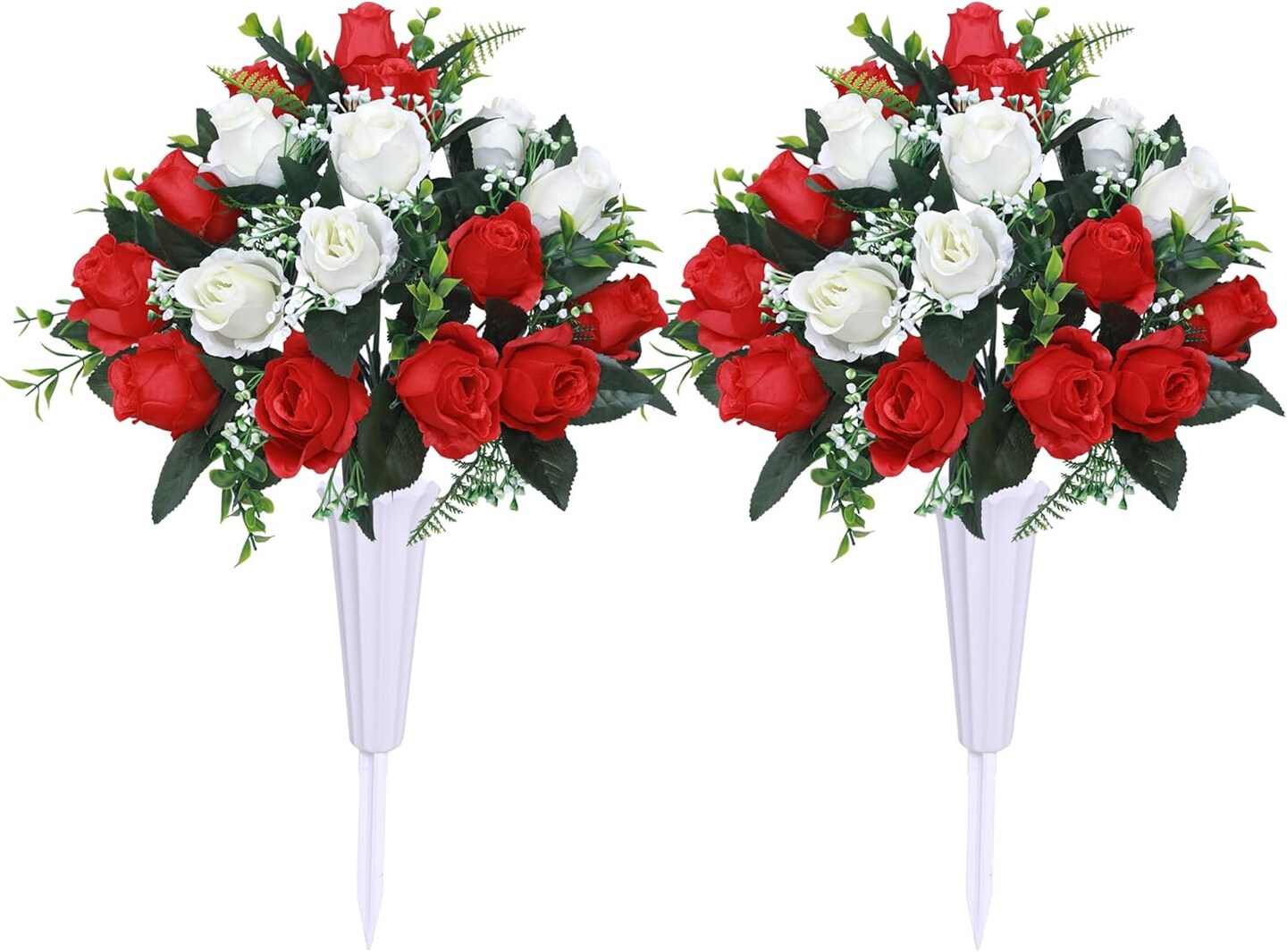 Set of 2 Artificial Cemetery Flowers with Vase,Grave Memorial Flowers,Artificial Rose Bouquet Decoration for Cemetery Headstones Gravesites (Red & White, 2 Bouquets) 5"D x 9"W x 15.8"H