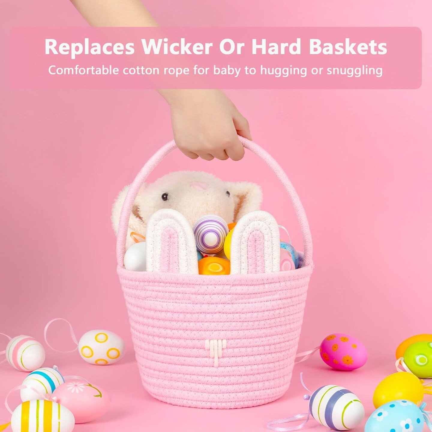 Easter Basket for Kids &#x26; Babies - Soft &#x26; Safe Handwoven Cotton Rope Bunny Basket, Easter Egg Hunt &#x26; Festive Decor, White Pink, Small
