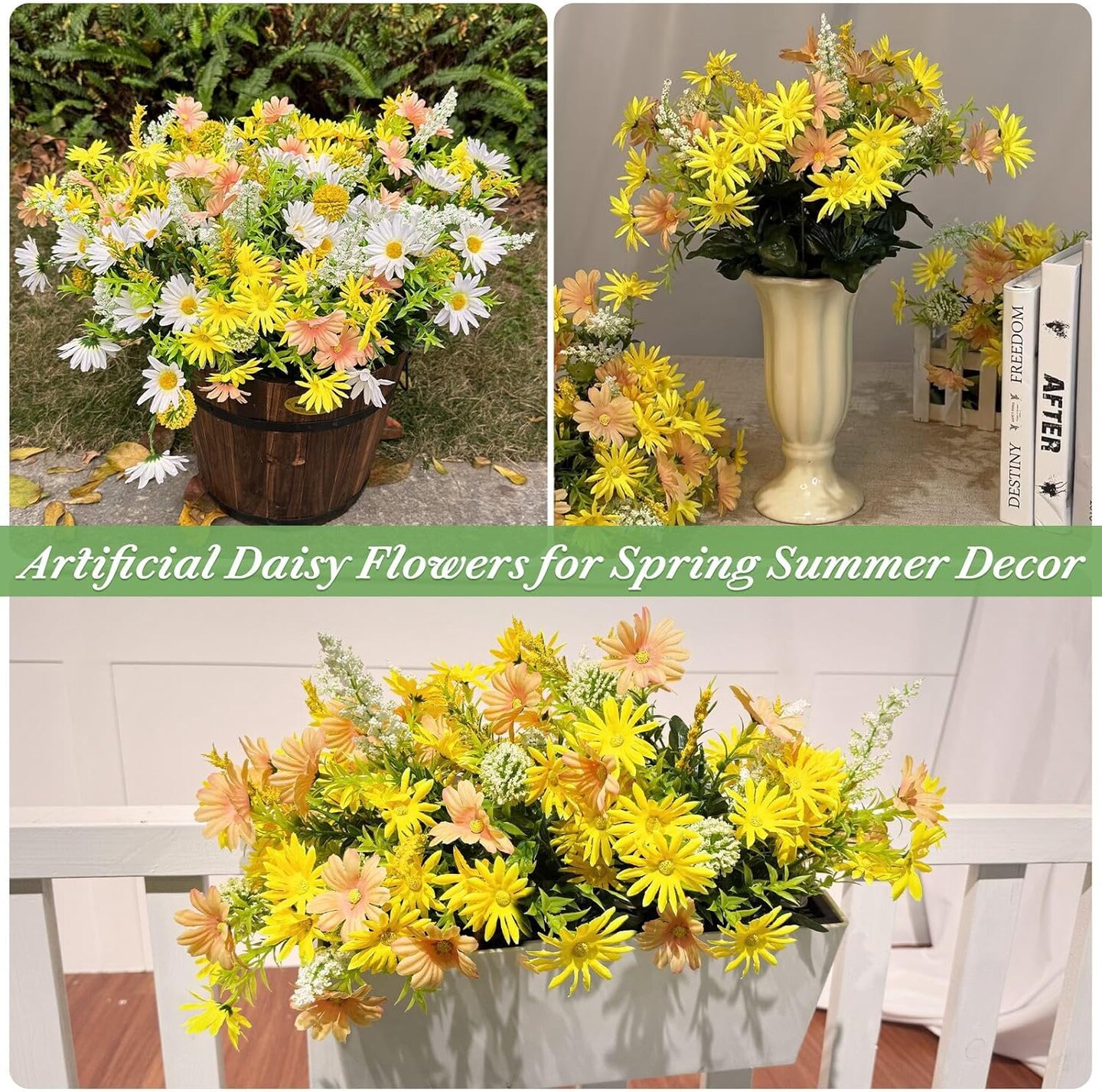 96 Heads 17.7 Inch Fake Dasiy Flowers Cemetery Decor, 4 Bouquets Artificial Flowers for Outdoors UV Resistant Plastic Fake Plants Faux Lavender for Gardens Planter Home Grave Decor(Yellow)