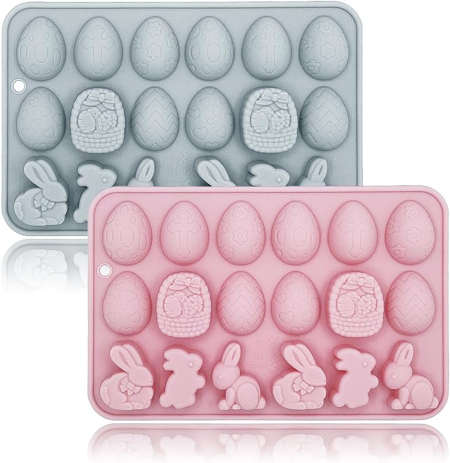 2 Pack Easter Gummy Chocolate Molds 18 Cavities Egg Rabbit Candy Mould Tray Baking Tools for Chocolate Cake Dessert Candy Mousse Pastry Handmade Soap Cupcake Topper Crayons