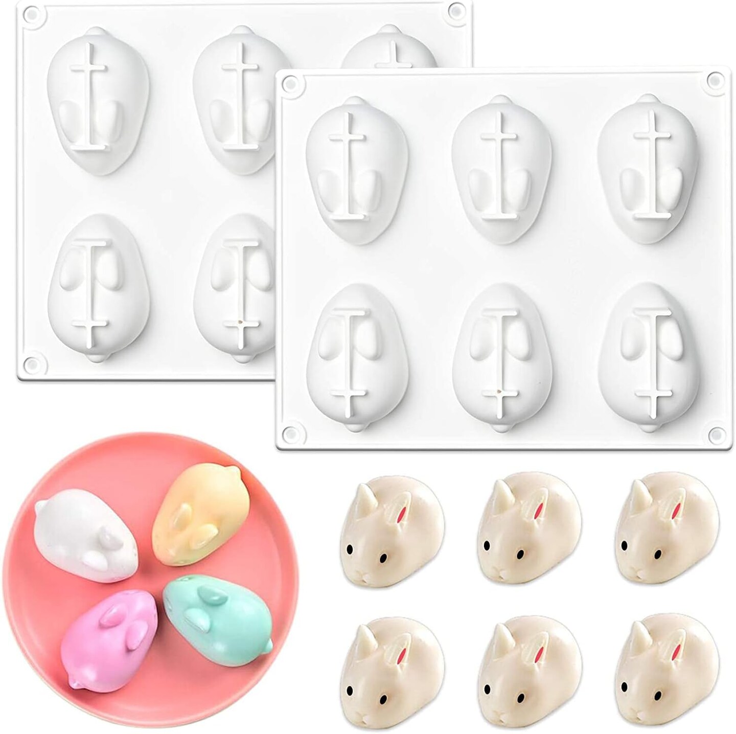 Bunny Silicone Molds, 6 Holes 3D Easter Silicone Bunny Chocolate Molds, Easter Rabbit Bunny Baking Mould for Mousse Cake Pudding Jelly Dessert Fondant Cheesecake Soap Ice Tray-2 pack