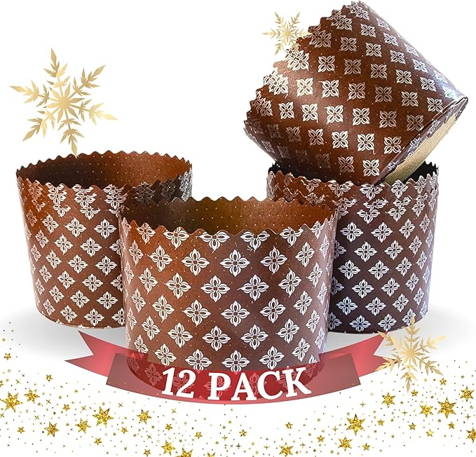 12 oz Easter Bread Forms Paska Mold Kulich |12 pcs| Easter Bread Paper Mold - Panettone Paper Mold - Brown Panettone Paper Baking Molds Universal | Brown Design W 4.3 x H 3.3-In