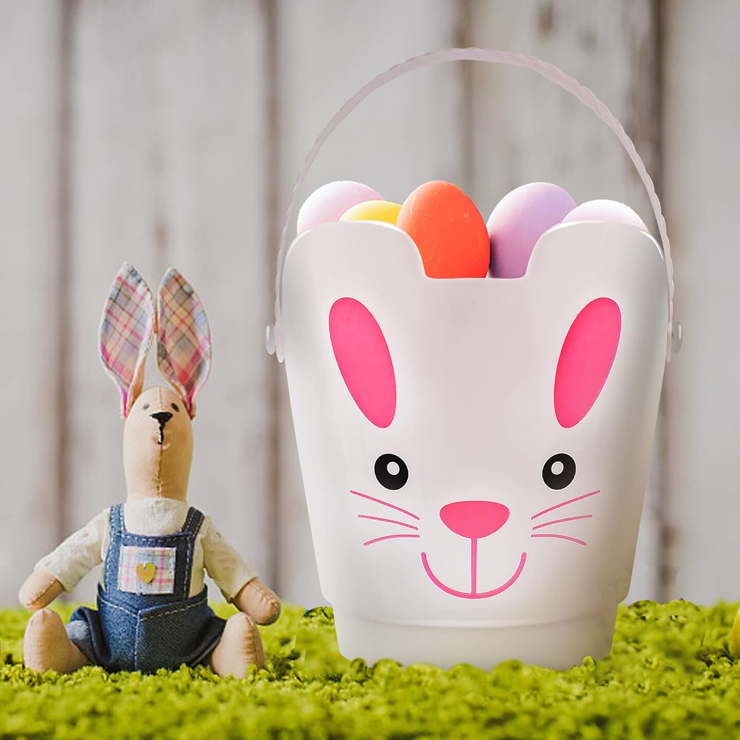 Easter Buckets, Set of 3 Plastic Easter Bunny Baskets with Handles, Empty Plastic Easter Pails for Kids Easter Egg Hunt Party Favors