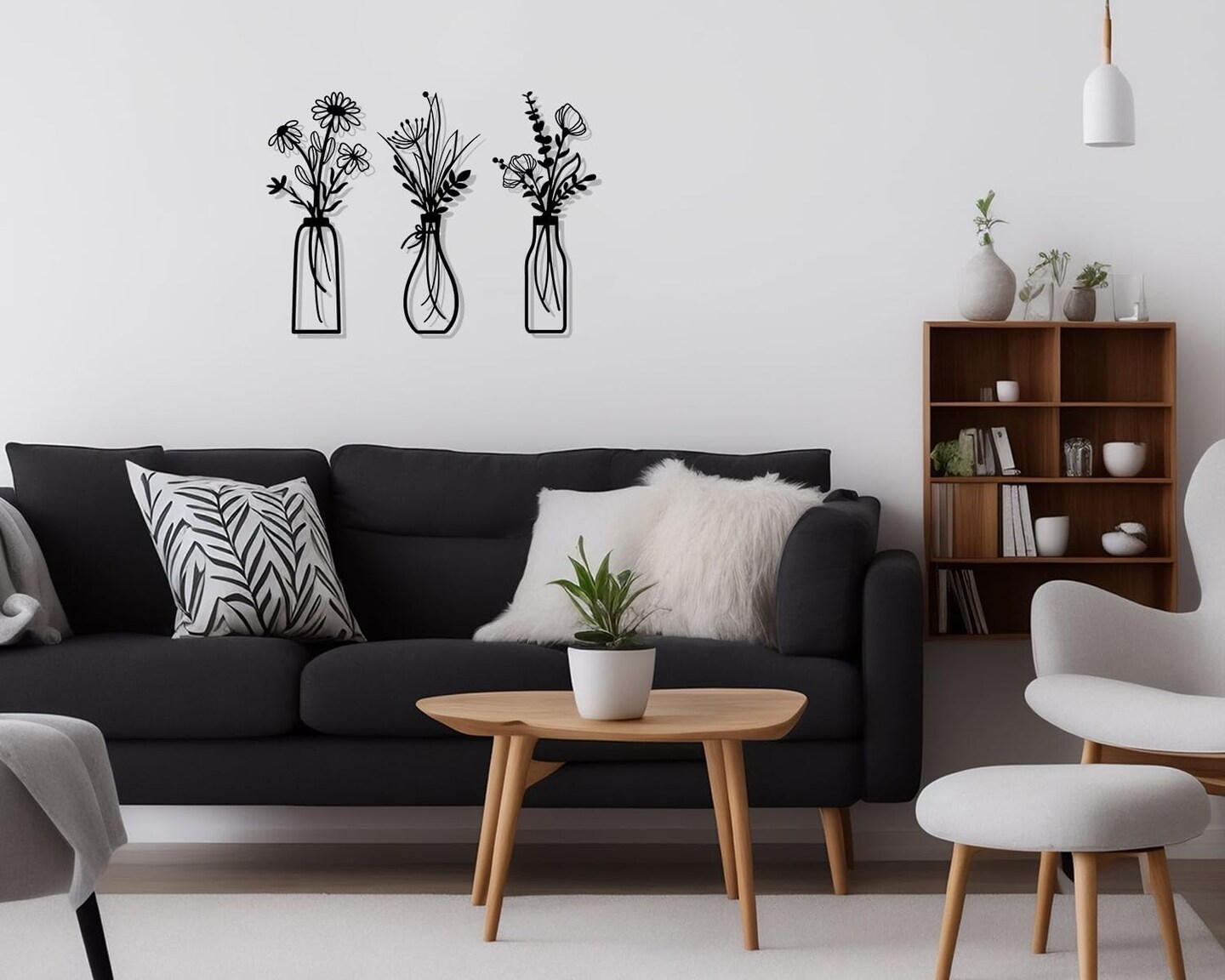Black Metal Flower Wall Art Set of 3 Rustic Farmhouse Minimalist Floral Decor