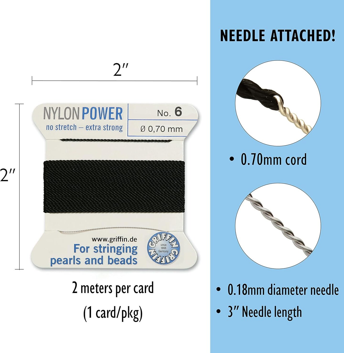 Griffin Nylon Bead Cord Perlseide – Size 6 (0.70mm) – 2 Meters per Card – Stainless Steel Needle Attached – for Knotting Pearls, Gemstones, Crystals and Beads