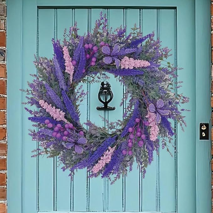 20Inch Purple Lavender Wreath for Front Door,Artificial Lavender, Blueberry, Purple Butterfly,Used for Window, Wall, Porch, and Other Indoor and Outdoor Home Decorations