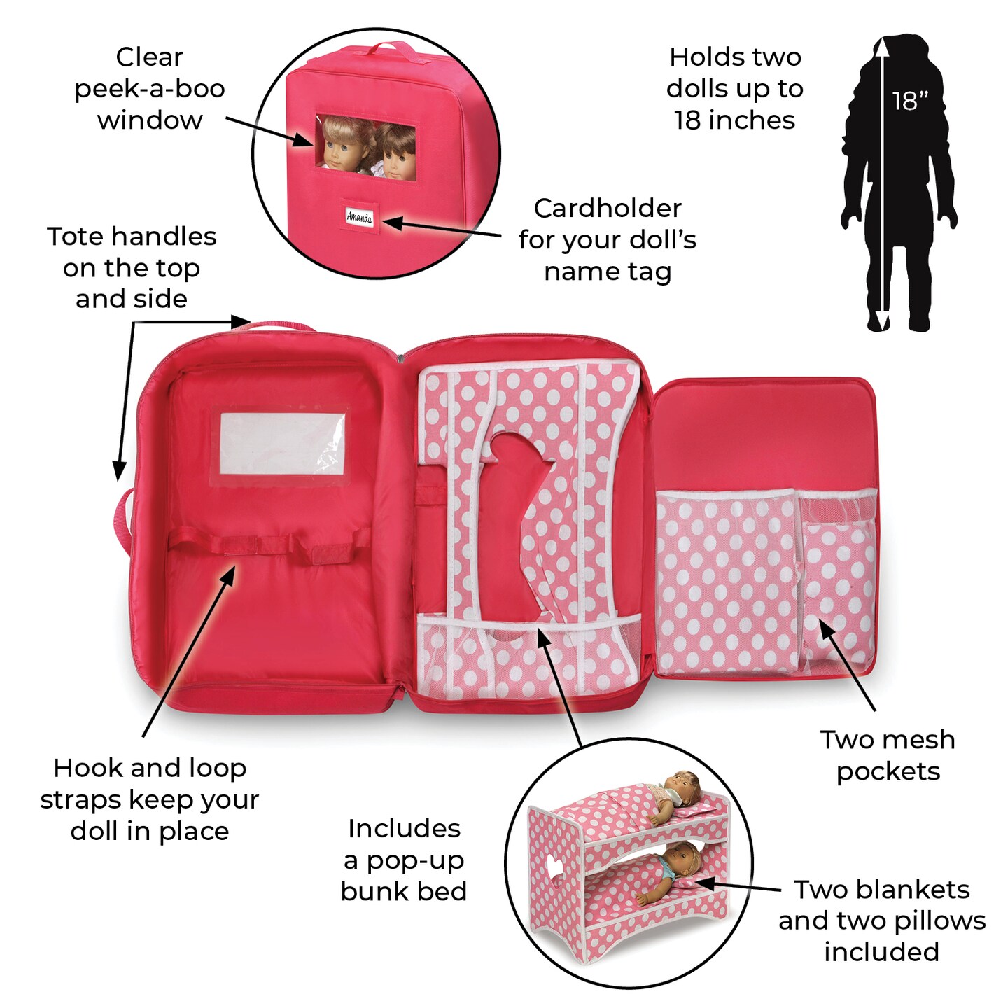 Badger Basket Double Doll Travel Case with Bunk Bed and Bedding - Pink