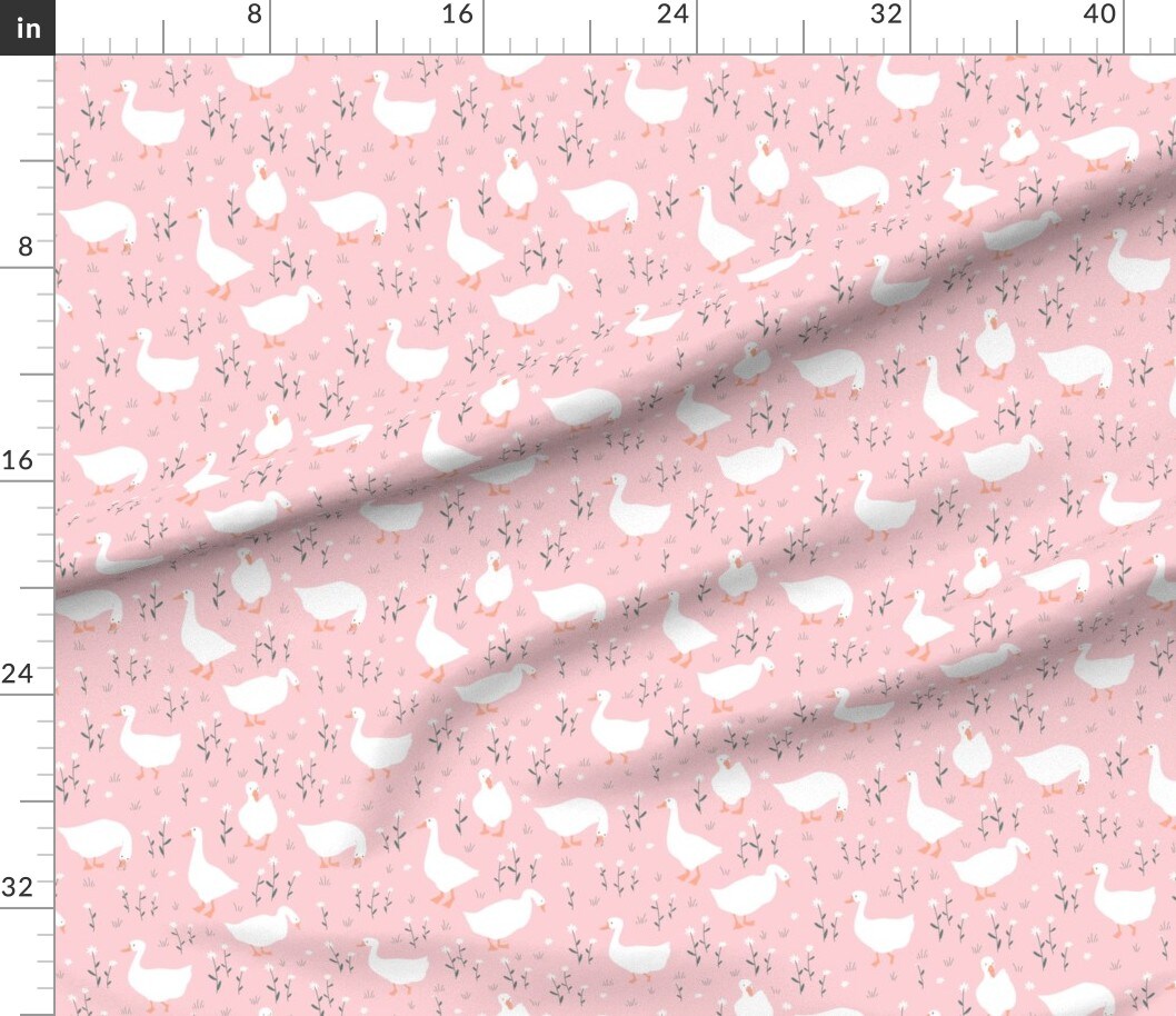 Geese On Pink Whimsical Goose Cute Spring Meadow White Orange Wildflower Custom Printed Fabric by Spoonflower Various Fabrics by the Yard or Fat Quarter