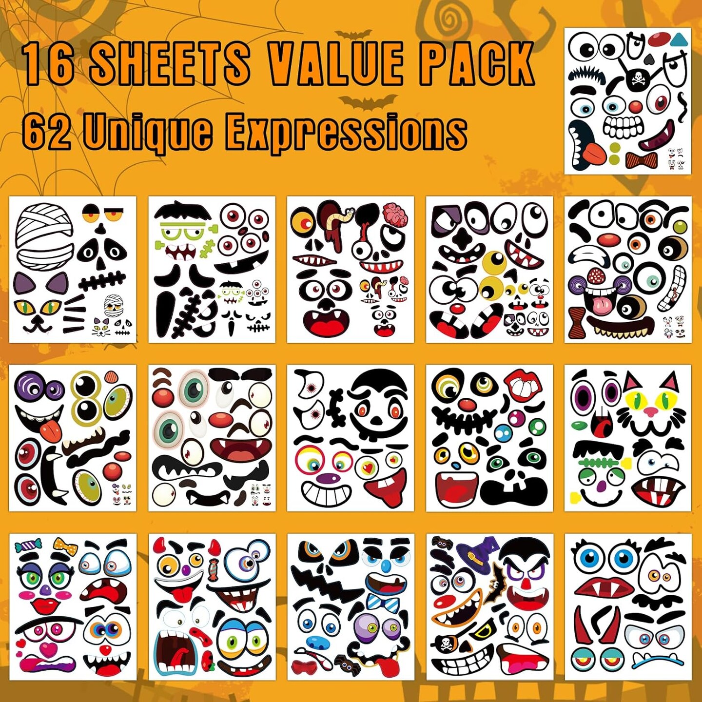 62 Faces Halloween Pumpkin Decorating Stickers