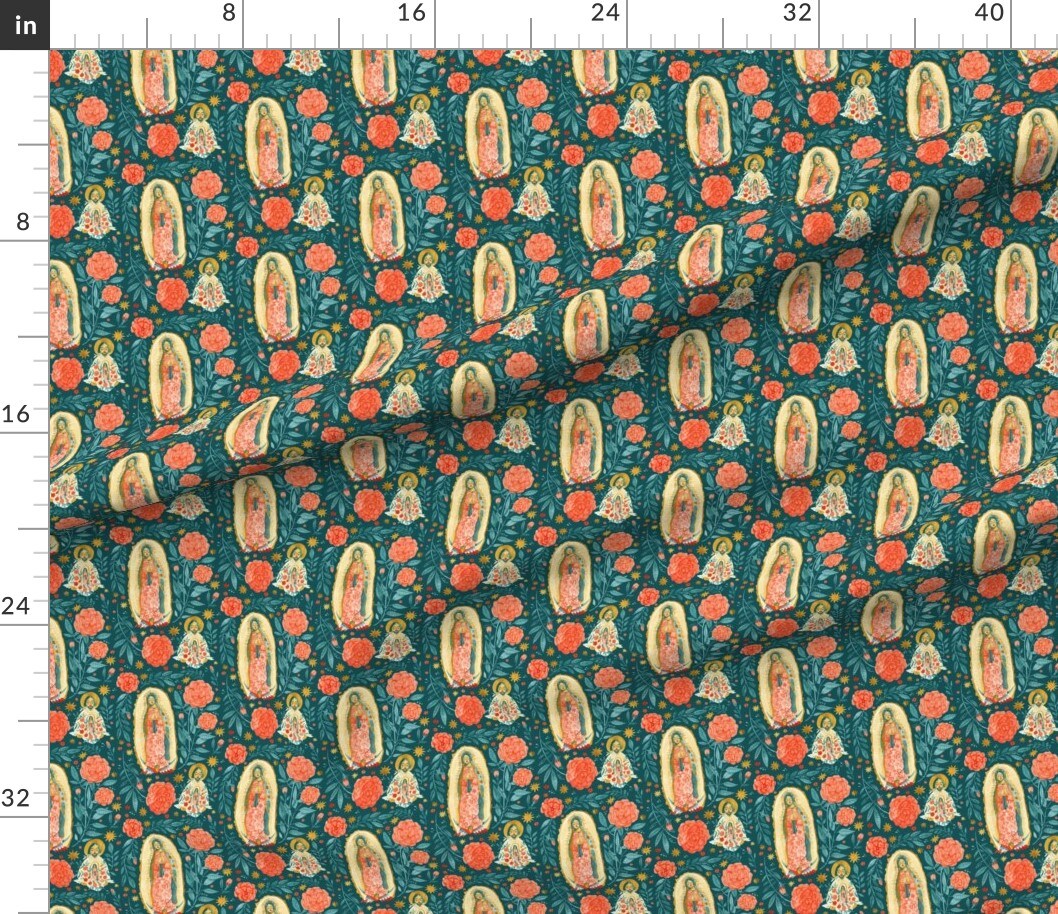Teal Floral Guadalupe Rose Religion Catholic Christianity Custom Printed Fabric by Spoonflower Various Fabrics by the Yard or Fat Quarter
