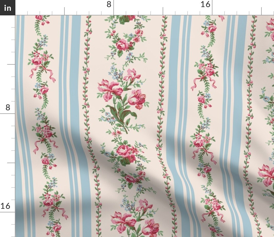 Grandmillenial Floral Stripe Pink Cream Blue Shabby Chic Custom Printed Fabric by Spoonflower Various Fabrics by the Yard or Fat Quarter