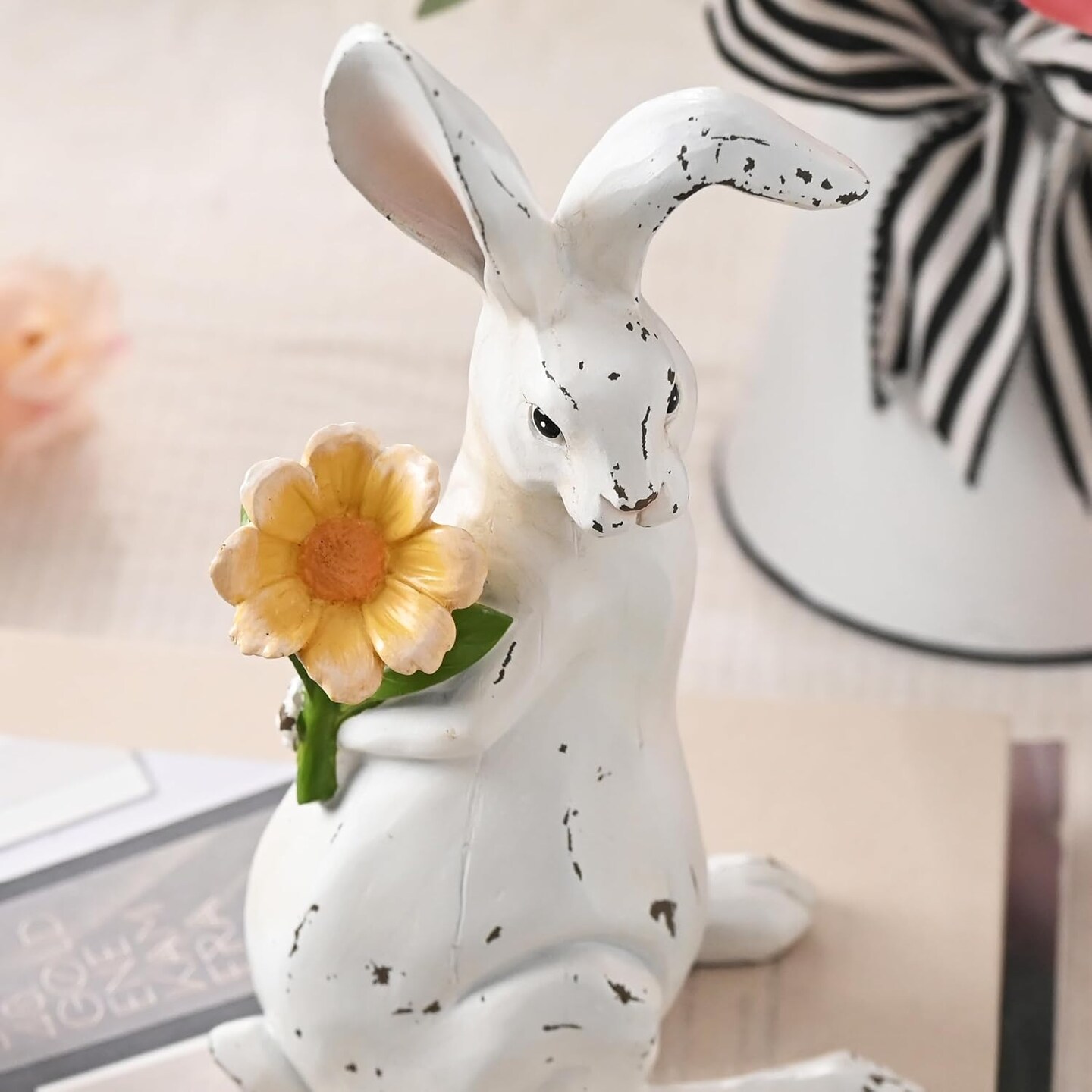 Easter Bunny Decorations for Home, Large White Couple Rabbits Figurine Tabletop Decor, 2Pcs Cute Easter Gifts Resin Statues for Spring Holiday Indoor Party Table Centerpieces, 9.6&#x22;