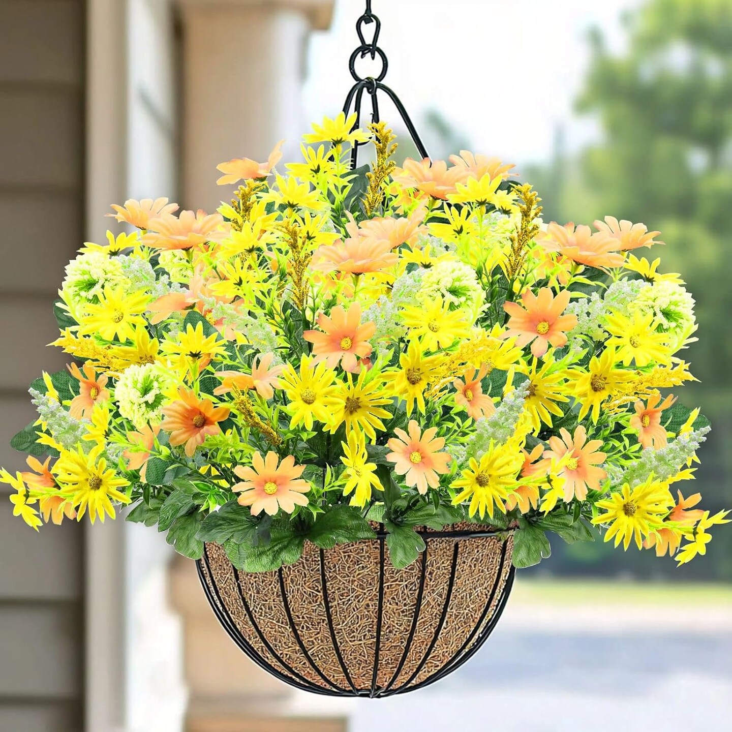 96 Heads 17.7 Inch Fake Dasiy Flowers Cemetery Decor, 4 Bouquets Artificial Flowers for Outdoors UV Resistant Plastic Fake Plants Faux Lavender for Gardens Planter Home Grave Decor(Yellow)