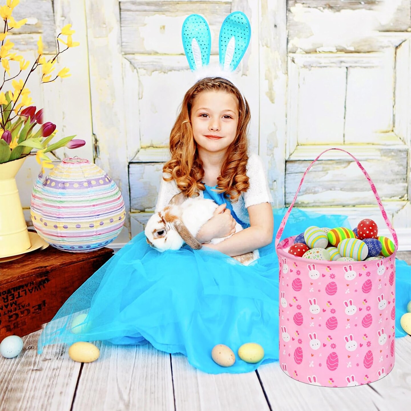 Easter Eggs Storage Basket Gift Buuny Basket Collapsible Storage Bins with Handles Nursery Basket for Home and Office Decoration (Pink Rabbit)