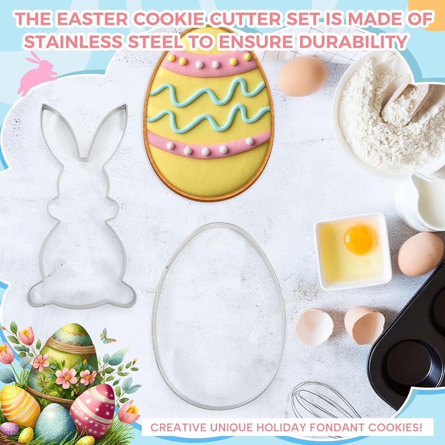 2 Pcs Large Easter Cookie Cutters 8&#x22; Extra Large Bunny and Egg Stainless Steel Giant Cookie Cutter for Easter Holiday Baking