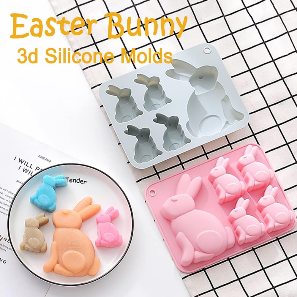 2-Pack Easter Bunny Chocolate Molds Set, 3D Cute Easter Bunny Silicone Mold for Baking Easter Treats Chocolate, Cake, Jelly, Fudge, Pudding