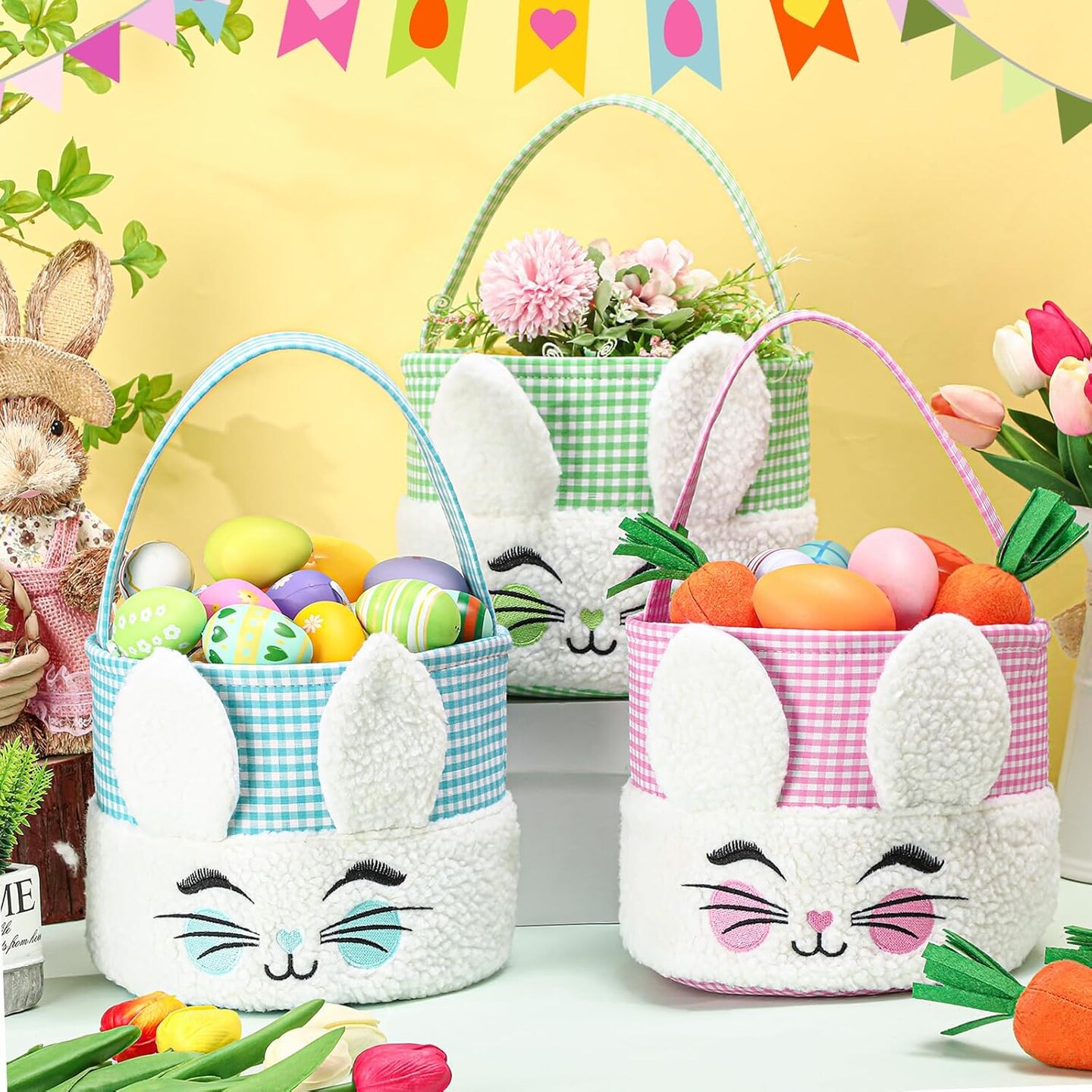 3 Pcs Easter Basket with Handle Soft Plush Empty Bunny Basket for Easter Eggs Treats Candy Gifts