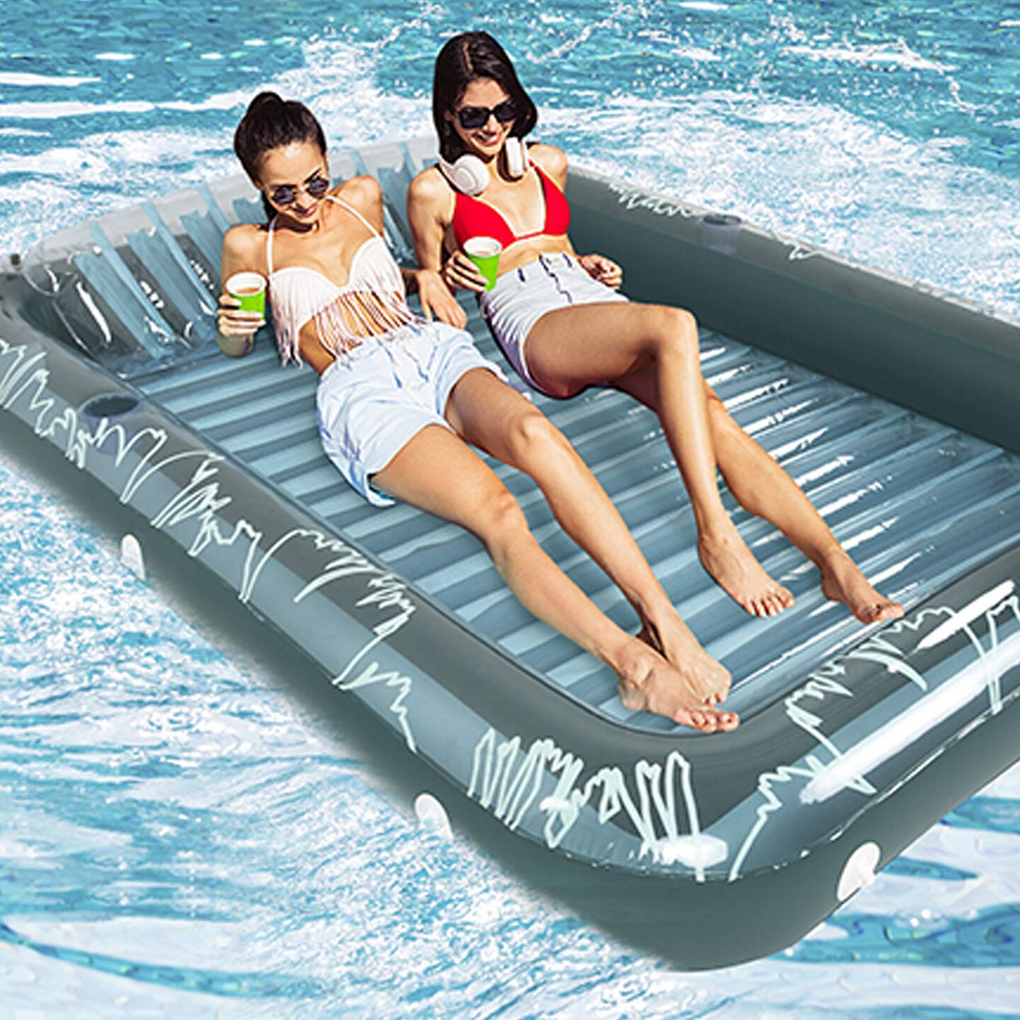 Inflatable Pool Float with Drink Holder | 80&#x22;L x 58&#x22;W x 9&#x22;H | Blue (Clear)