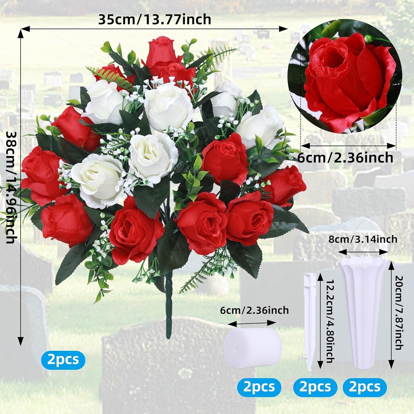Set of 2 Artificial Cemetery Flowers with Vase,Grave Memorial Flowers,Artificial Rose Bouquet Decoration for Cemetery Headstones Gravesites (Red &#x26; White, 2 Bouquets) 5&#x22;D x 9&#x22;W x 15.8&#x22;H