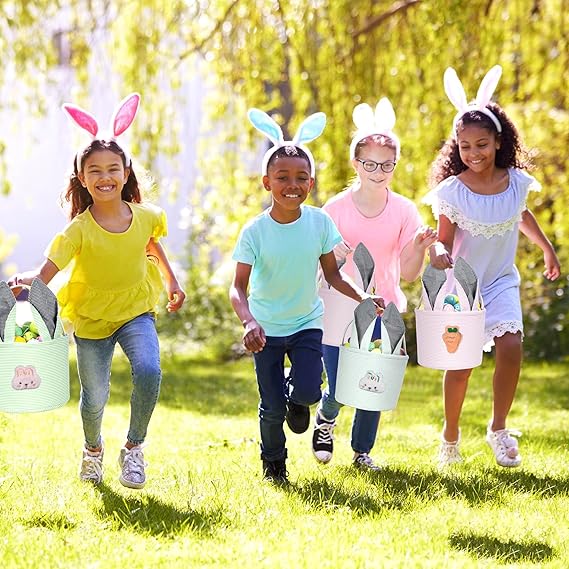 Personalized Easter Basket for Boys Girls, Seersucker Egg Hunt Bunny Baskets for Kids