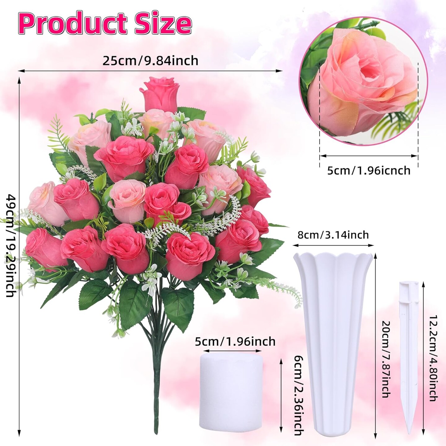 Set of 2 Artificial Cemetery Flowers, Grave Memorial Flowers with Vase, Outdoor Grave Decorations Roses for Cemetery Headstones Decoration (Pink)