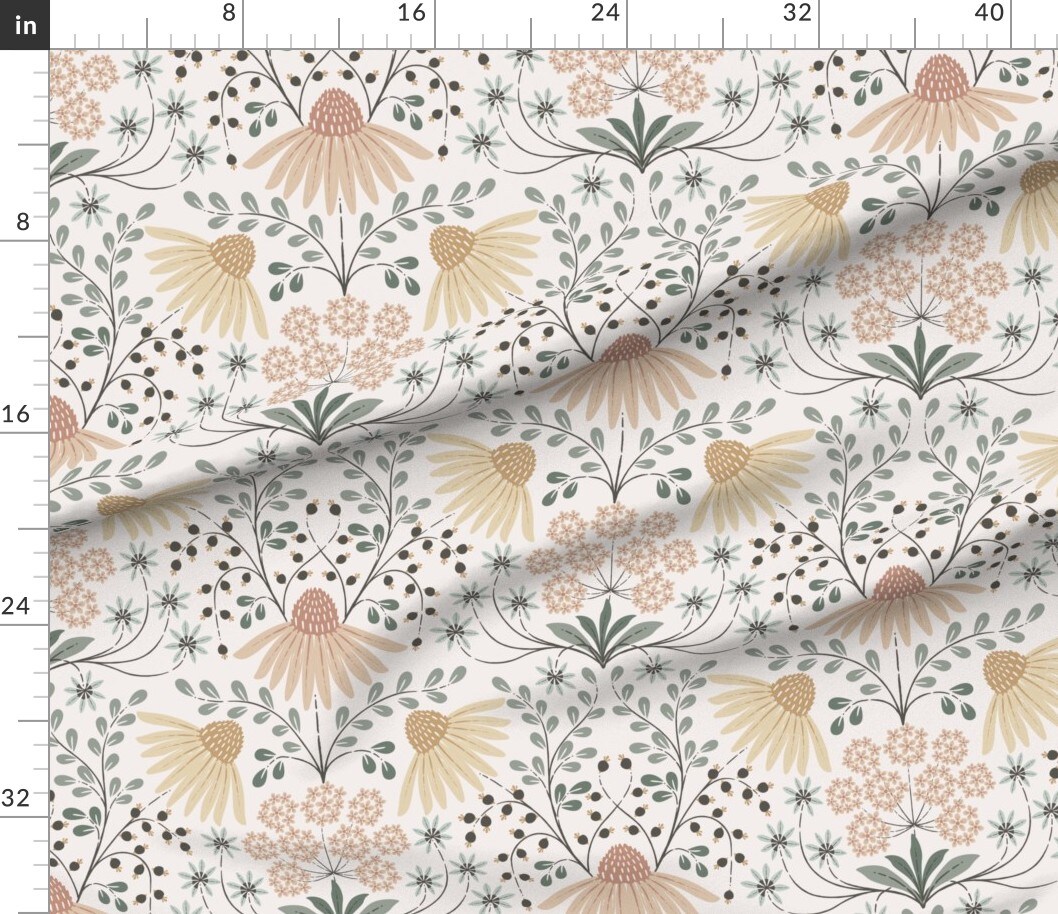 Cottagecore Whimsical Floral Boho Garden Leaves Botanical Farmhouse Wildflowers Nature Rustic Vintage Daisy Thistle Plants Bohemian Cottage Custom Printed Fabric by Spoonflower Various Fabrics by the Yard or Fat Quarter