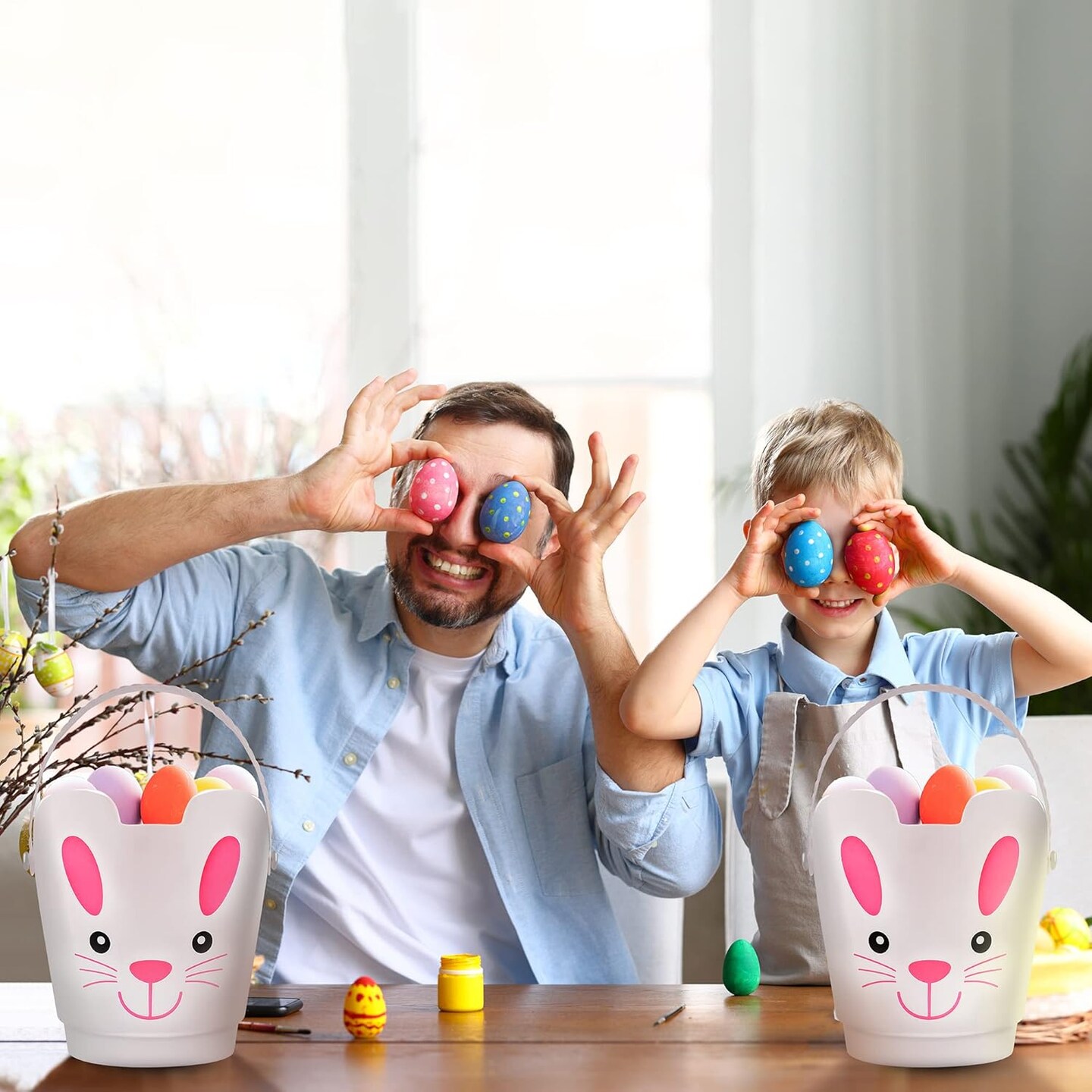 Easter Buckets, Set of 3 Plastic Easter Bunny Baskets with Handles, Empty Plastic Easter Pails for Kids Easter Egg Hunt Party Favors