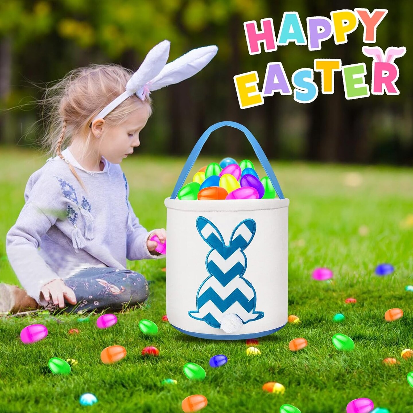 2 Pack Easter Eggs Baskets for Kids,Canvas Personalized Easter Bunny Baskets Bucket Tote Gifts Bags with Rabbit Tail for Girls Boys Easter Eggs Hunt Easter Party Favors Decorations Toy