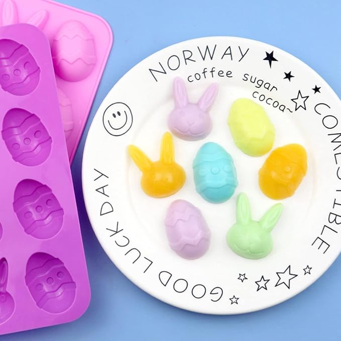 2 Pack Bunny & Egg Silicone Molds Easter Day Cake Pan Silicone Molds for Baking Cupcake Muffin Making Chocolate Candy Ice Cube Jello Jelly Soap Wax Crayon Melt(Pink and Purple)