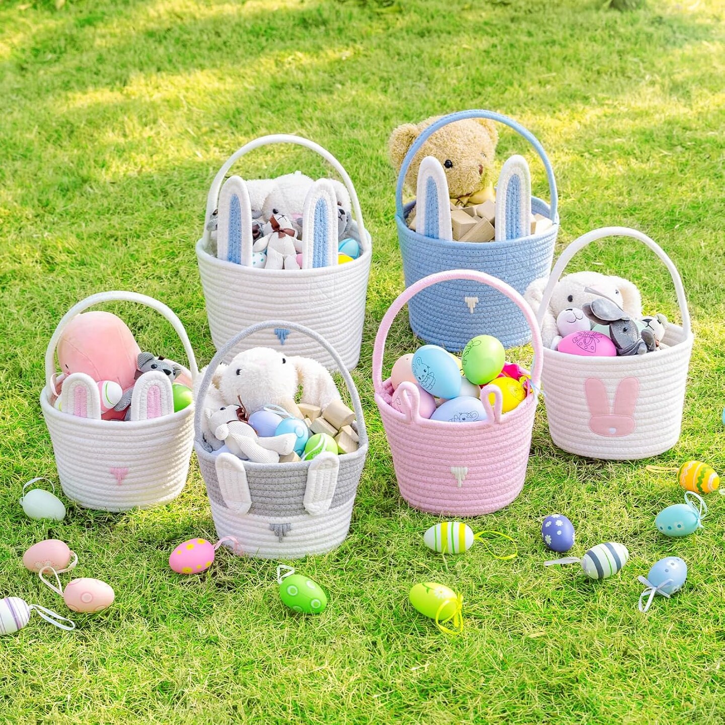 Easter Bunny Basket Set for Kids, Babies, 2-Piece Easter Egg Hunt Baskets for Girls, Boys, Soft &#x26; Durable Cotton Rope Empty Gift Basket, Festive Decor &#x26; Gift Ideas, Large