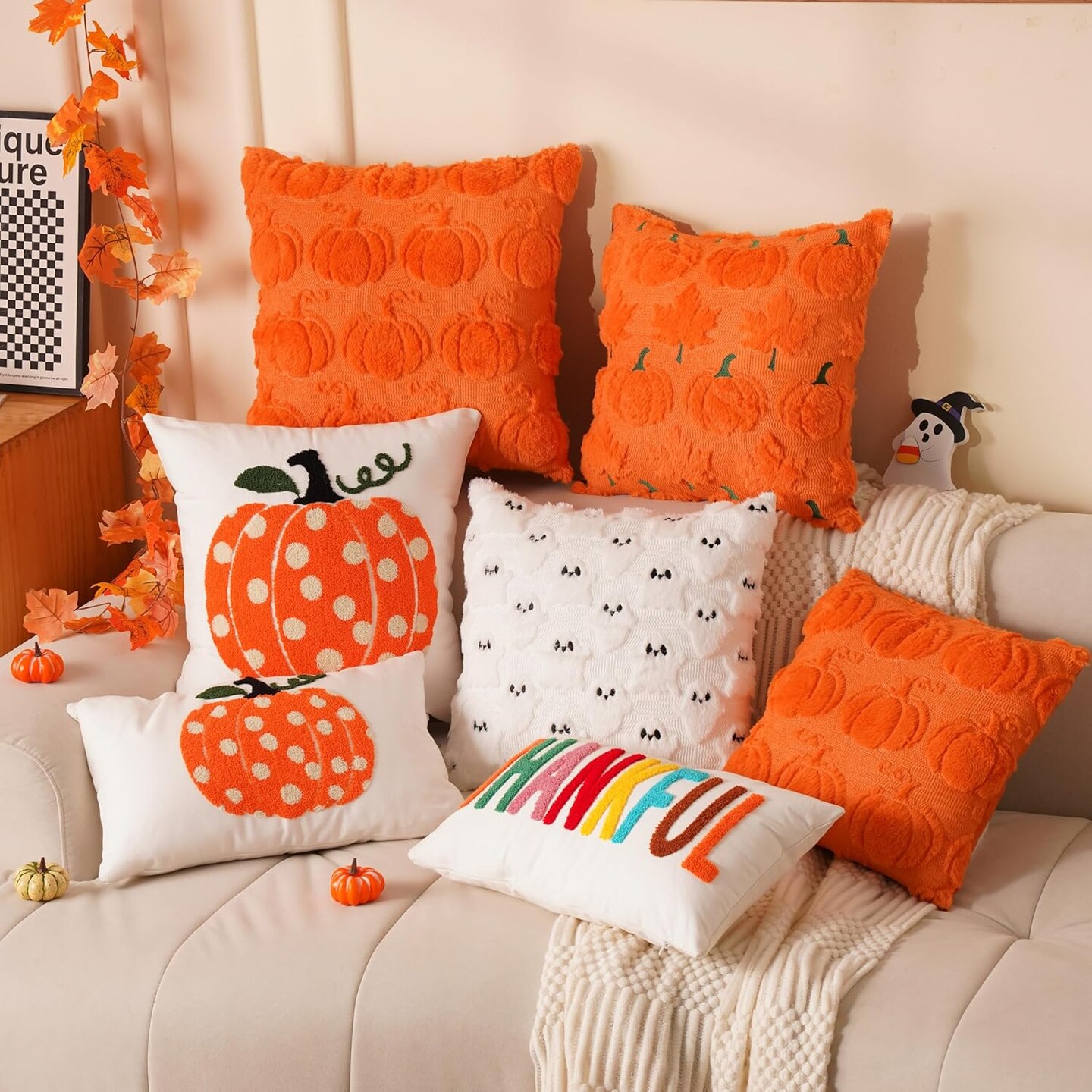 illow Covers 18x18 inch Set of 2 Orange Pumpkin Throw Pillow for Farmhouse