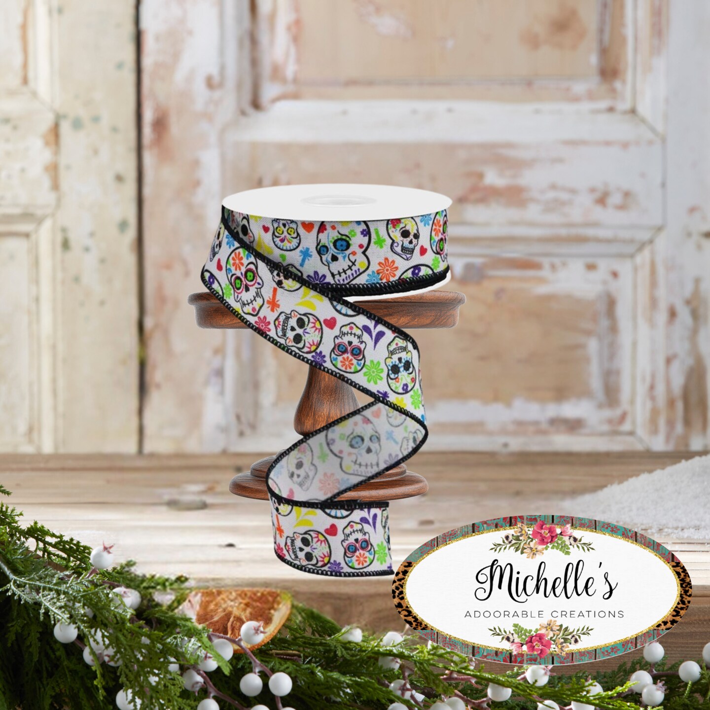 1.5&#x22; Day of the Dead Ribbon: White (10 Yards)