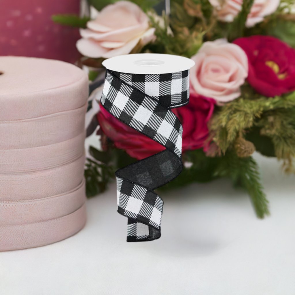 1.5&#x22; Checked Plaid Ribbon: Black &#x26; White (10 Yards)