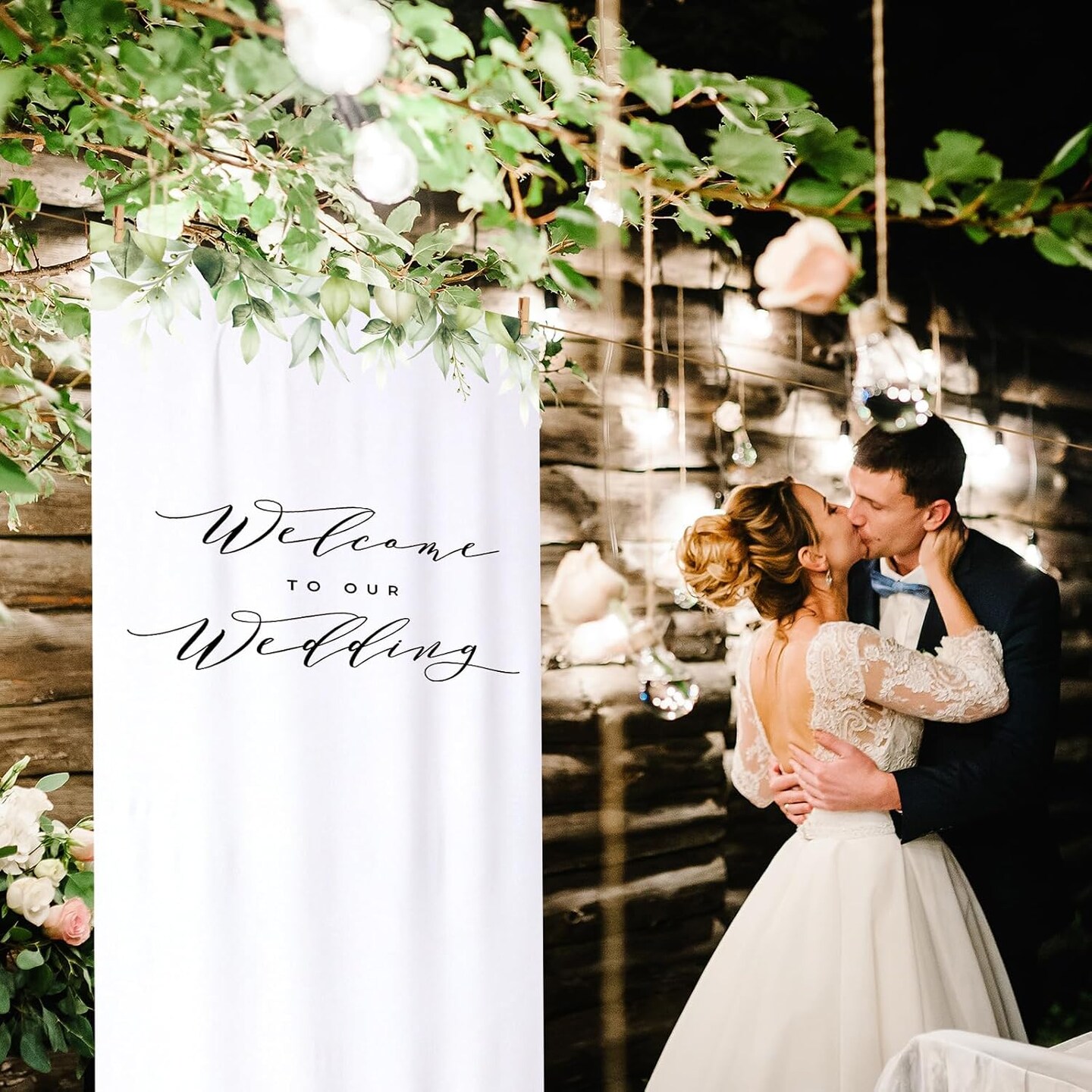 Greenery Welcome Arch Reception Backdrop Rustic Linen Fabric Wedding Sign