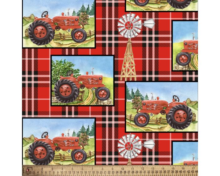 Farm Tractor Plaid Cotton Fabric | By the Yard | Sewing and Crafting | 44 inches wide