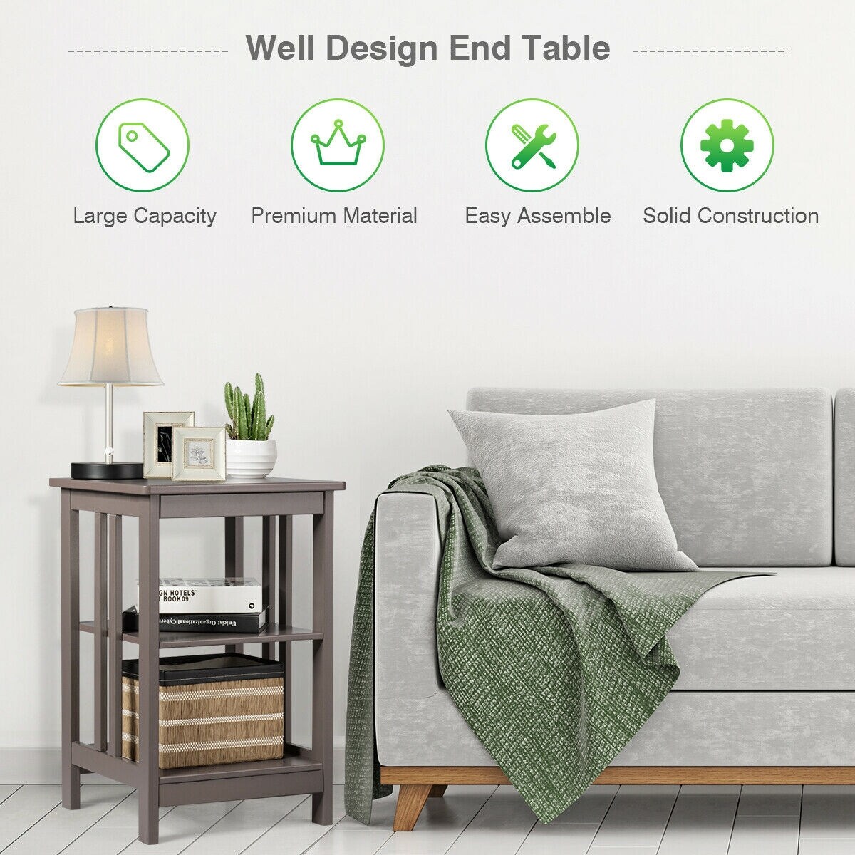 Modern End Table with Double Shelf Storage and Round Corner Design