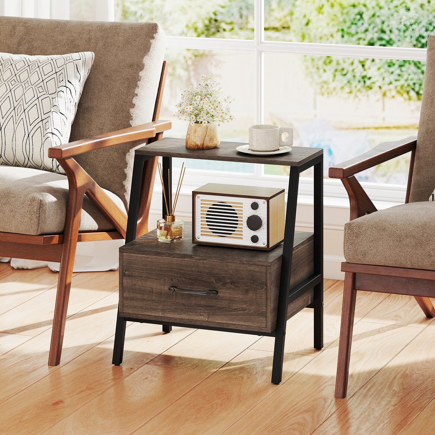 Gray-Black Farmhouse Nightstand with 3 Open Shelves End Table