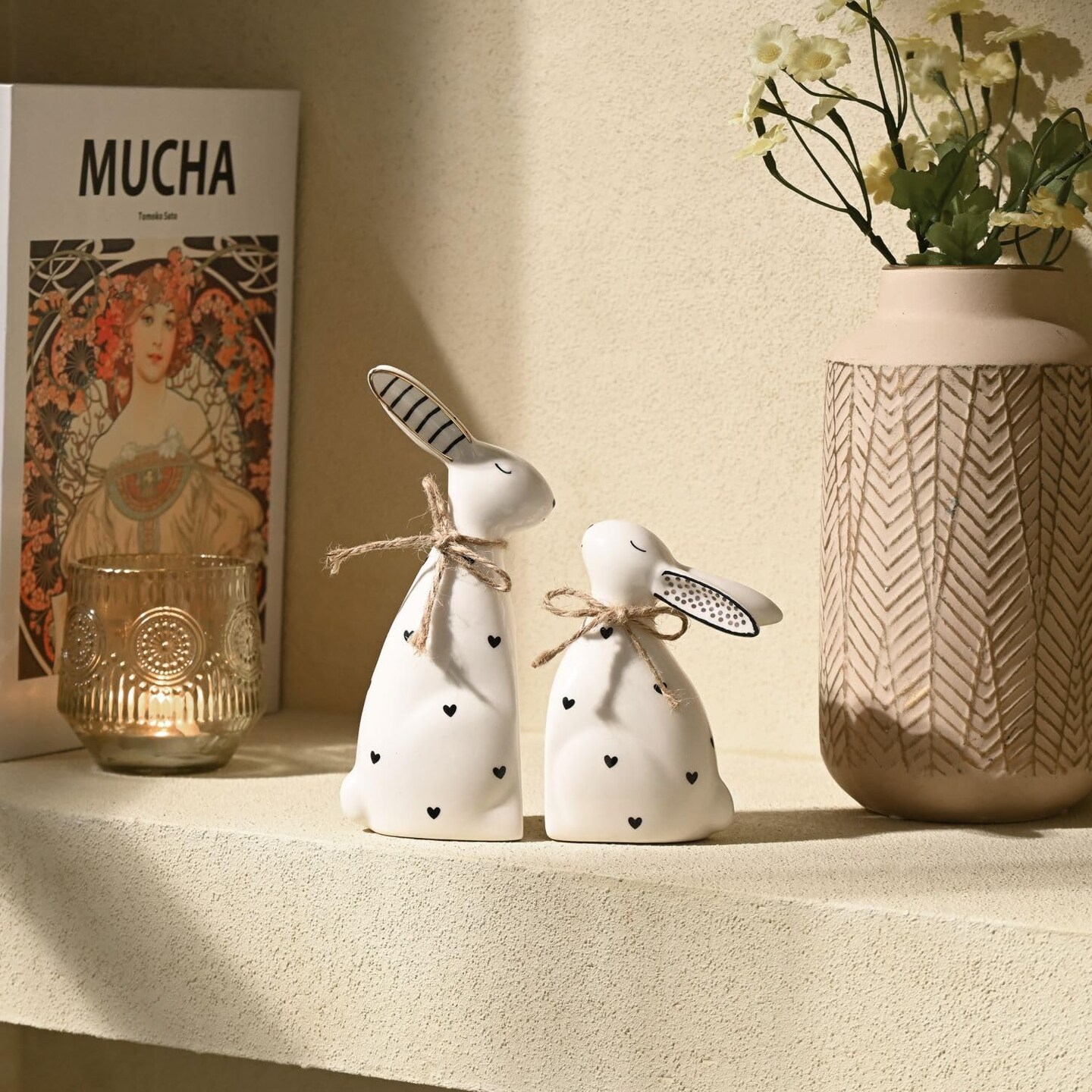 Easter Decorations for Home, Medium 2Pcs Ceramic White Gold Bunny Statues Figurine for Spring, Easter Gift Tiered Tray, Table Centerpieces Decorations for Indoor Decor, 6.3inch