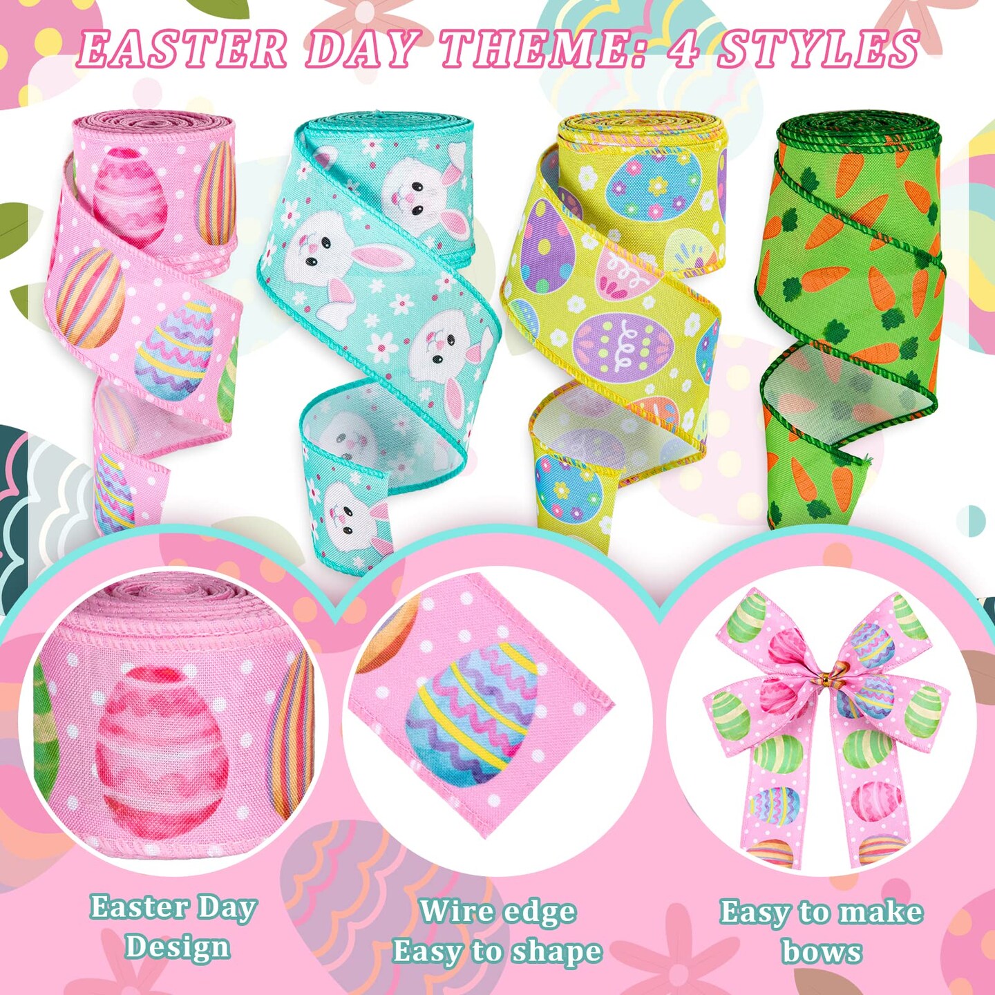 Easter Wired Edge Ribbon 30 Yard Easter Egg Bunny Rabbit Carrot Ribbon Pastel Spring Color Craft Ribbon Fabric Decorative Wrapping Ribbon Roll for Gift Hair Bow Sewing Crafts Supplies, 4 Roll