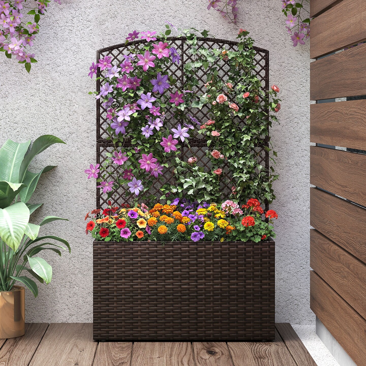 58” Raised Planter Box with Trellis Outdoor Wicker Garden Bed