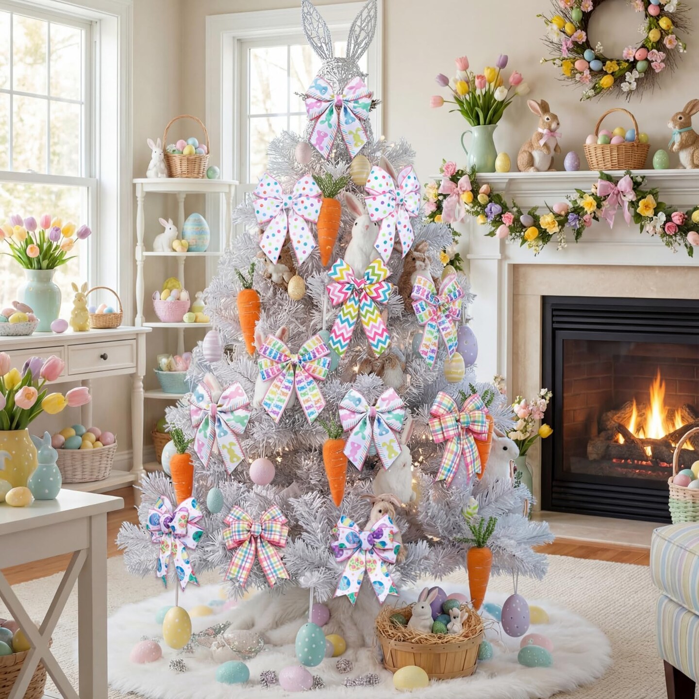 6 Rolls 30 Yards Easter Wired Ribbons Edge Pastel Easter Egg Bunny Rabbit Plaid Dots Fabric Burlap Ribbons for Spring Holiday Decorations Gift Wrapping Wreath Bows DIY Crafts Making, 2 Inch