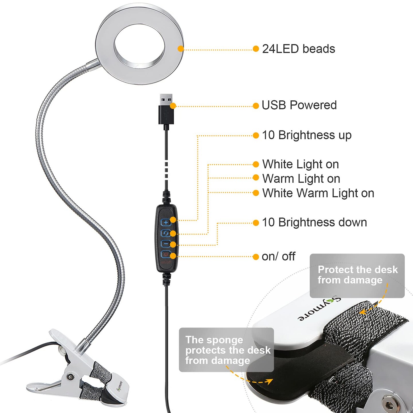 Skymore Clip on Light -3 Color Modes&#x26;10 Brightness LED Reading Desk Light with Clamp Flexible Gooseneck Book Light for Kids&#x27; Bedtime Reading, Zoom Meetings, Clip on Table, Headboard, Dorm&#x26;Office Use