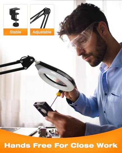 Magnifying Glass with Light, 10X &#x26; 5X Real Glass &#x26; Anti-Glare Lens, 5 Color Mode Stepless Dimmable LED Desk Magnifying Lamp, Hands-Free Desk Lamp with Clamp for Crafts Reading Repair Hobby (Yellow)