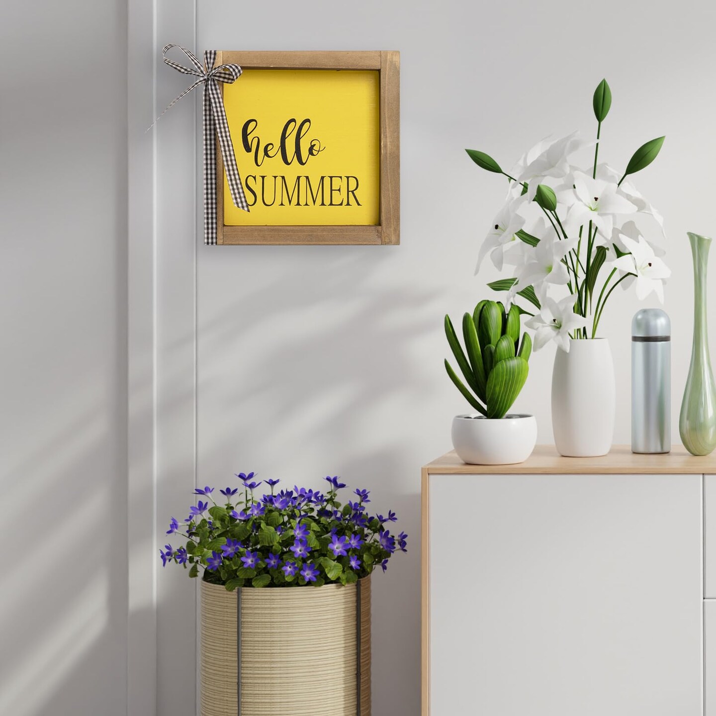 Hello Summer Wooden Sign, Summer Decorations for Home, Summer Decor Indoor Office Farmhouse Table Mantel Wood Wall Decor