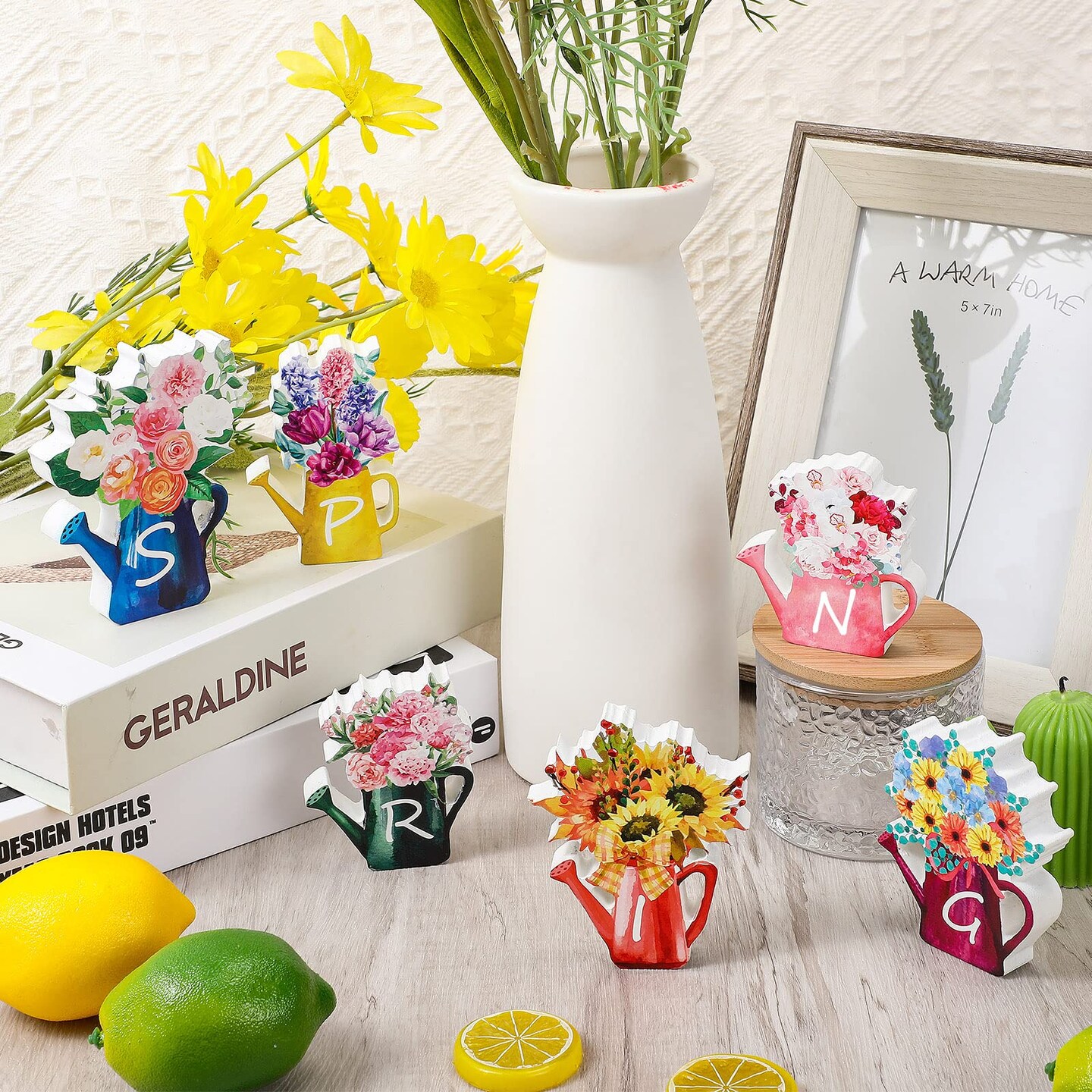 6 Pieces Spring Wood Block Signs Wooden Tabletop Spring Decor Flowers Decor Tiered Tray Decorations Watering Can Table Centerpiece Wall Pediments for Home Farmhouse Tabletop